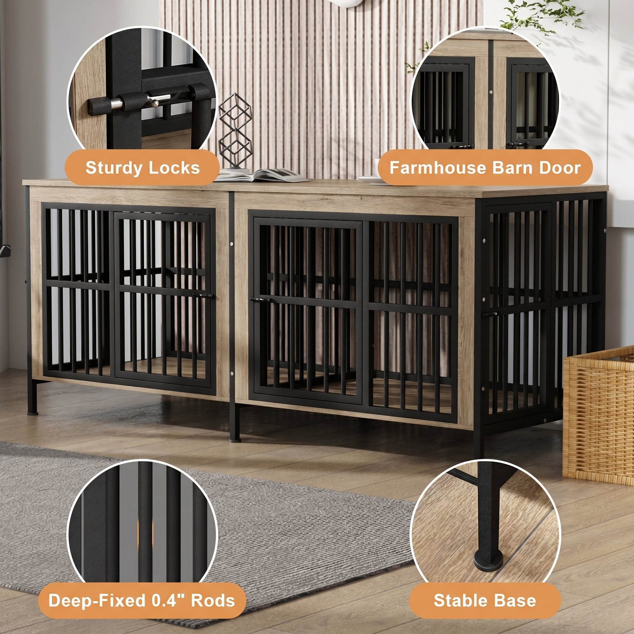 Ironovahome 78" Dog Crate Furniture for 2 Large Dogs with Sturdy Removable Divider and Double Doors, XXL Extra Large Indoor Dog Kennel, Thick Heavy Duty Wooden Dog Cage, Ivory