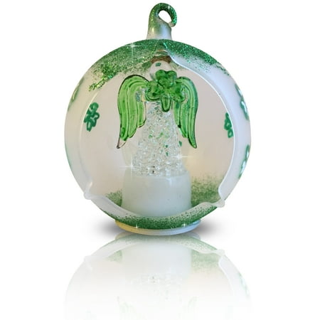 Irish Angel Ornament - LED Glass Ornament with Irish Angel and Shamrock