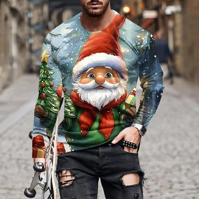 Blusas y camisas de manga larga y cuello redondo para hombre, informales, a la moda, con estampado navideño, cuello redondo, blusas de licra de manga larga para hombre.