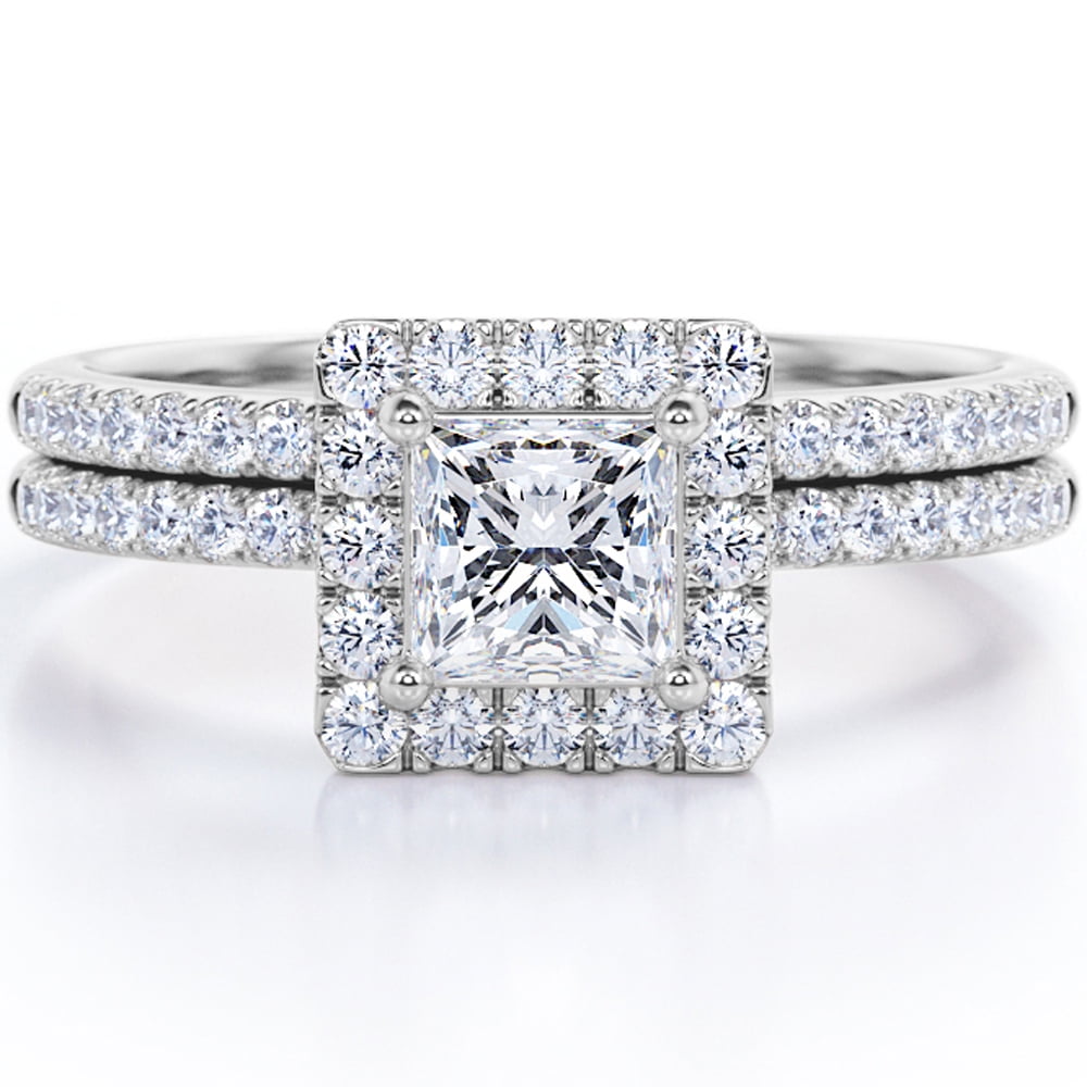JeenMata 1 Carat Lab Grown Diamond Princess Cut - Forever Halo Bridal Ring Set with Pave Wedding Band in 10K White Gold