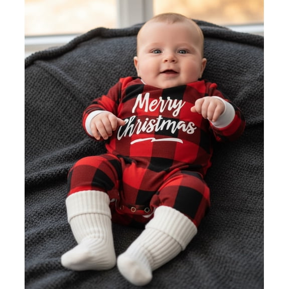 Gender Neutral Baby Holiday Jumpsuit with Festive Plaid Design