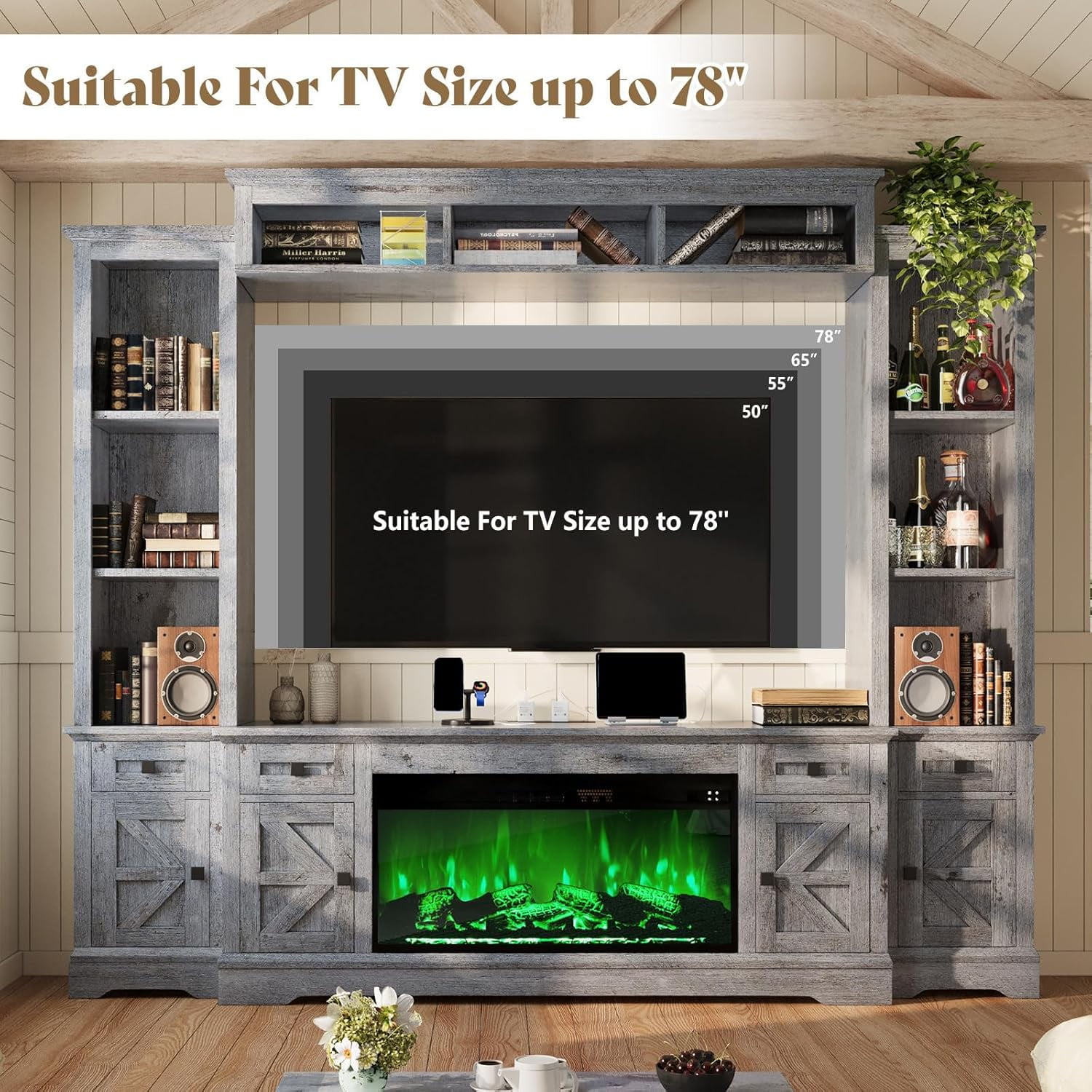 Merluxy Farmhouse TV Stand with Fireplace,Power Outlets,Bookshelves & Wine Cabinet for 78" TVs,Grey