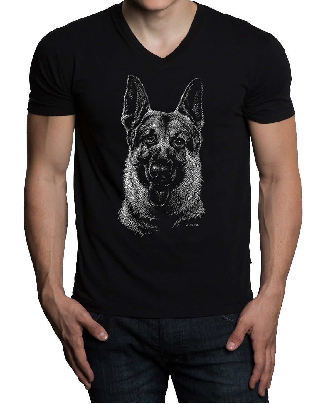 Men's Sketch German Shepherd Black V-Neck T-Shirt X-Large Black ...