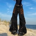thumbnail image 2 of XPMWRP Women's Vintage Goth Hip Hop Jeans Punk High Waisted Baggy Bootcut Pants Strap Chain Striped Wide Leg Pants Orange L, 2 of 6
