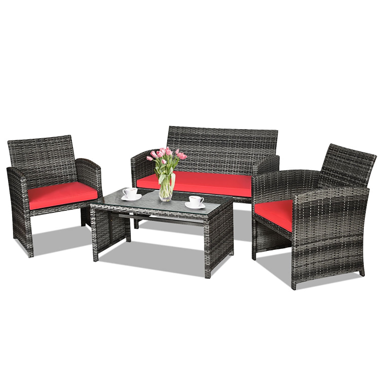 Aimee Lii 4 Pieces Wicker Patio Furniture Set with Cushions, Wicker Outdoor Sectional, Red Aimee Lii 4 Pieces Wicker Patio Furniture Set with Cushions, Wicker Outdoor Sectional, Red