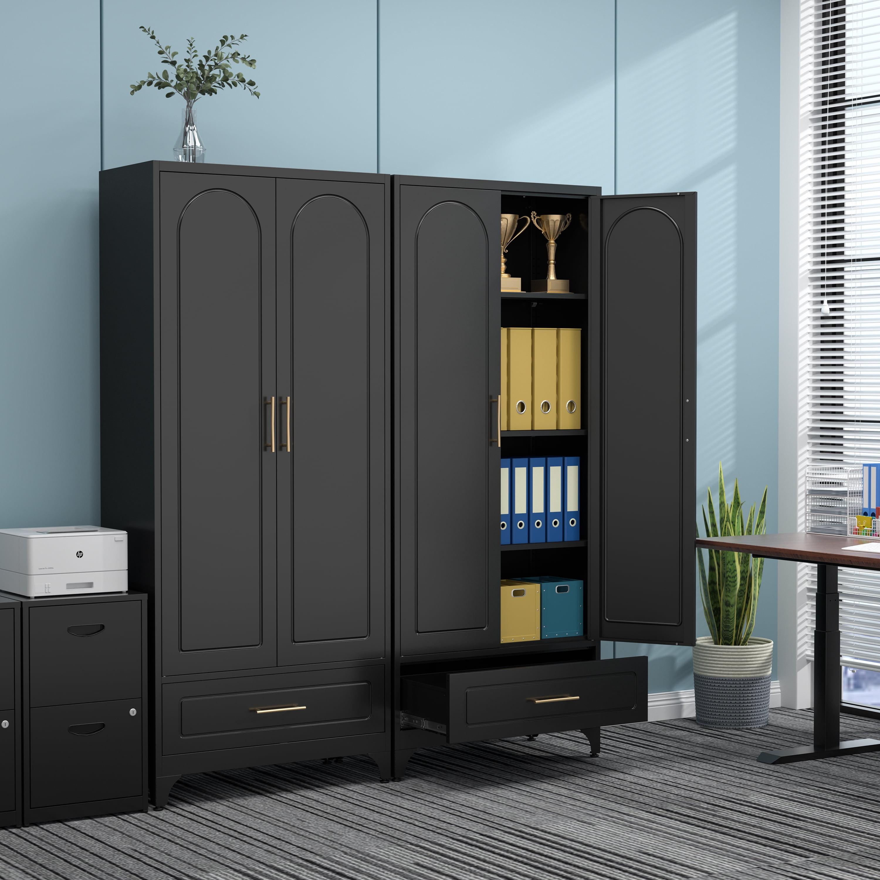 Polup 75" H Metal Black Kitchen Pantry Storage Cabinets with Drawers, Doors and Shelves, Steel Large Cupboard