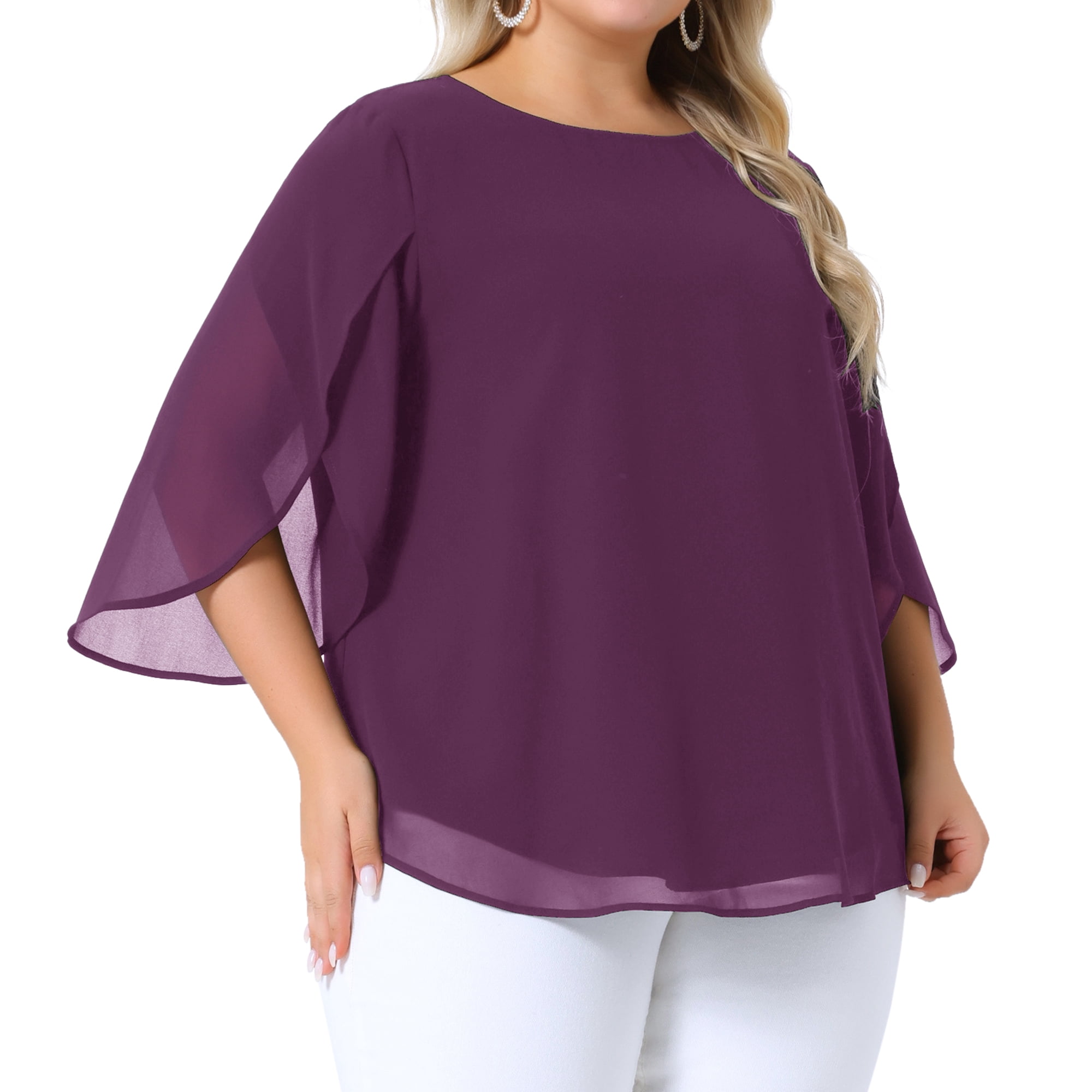 Women's Plus Blouses with Flutter Petal Half Sleeve Chiffon Top 2X Dark Purple