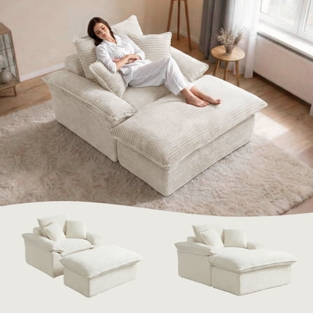 CARZZI LIFE 71 Inch Oversized Chaise Lounge Chair Indoor with Ottoman, Corduroy Boneless Cloud Couch Sleeper, Deep Seat Floor Sofa Bed and Reading Chair for Living Room (White)