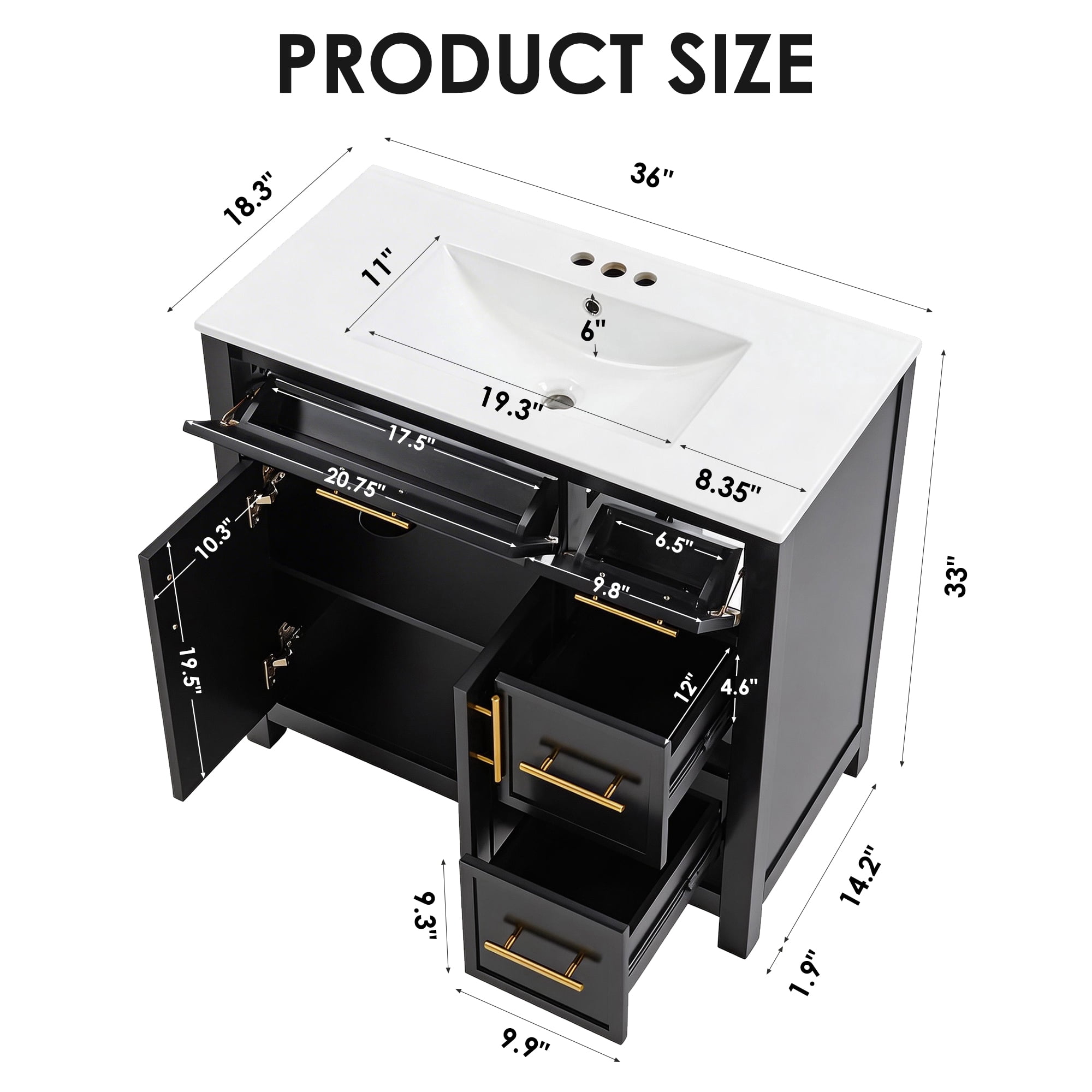 SogesPower 36" Bathroom Vanity with Ceramic Sink, Solid Wood Bathroom Makeup Cabinet with 2 Doors and 3 Drawers, Modern FreeStanding Single Basin Vanity Set for Bathroom, Black
