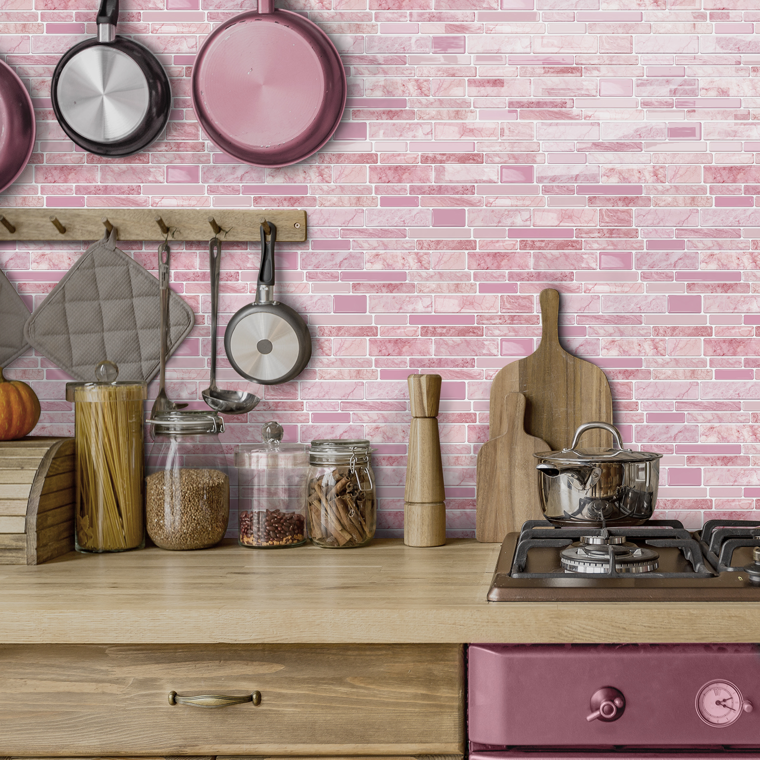 12Piece Pink Marbling 3D Tiles Stickers 4.72 x 9.68inch DIY Decor Wall Decals Self Adhesive Waterproof Peel and Stick Kitchen Backsplash