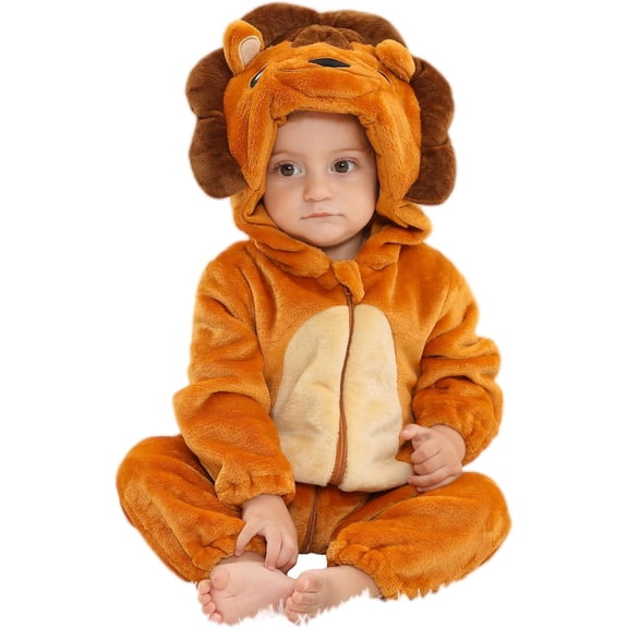 QEFJNO Newborn Infant Animals Lion Romper Baby Winter Flannel Playsuit Toddler Hoodie Romper Jumpsuit with Zipper