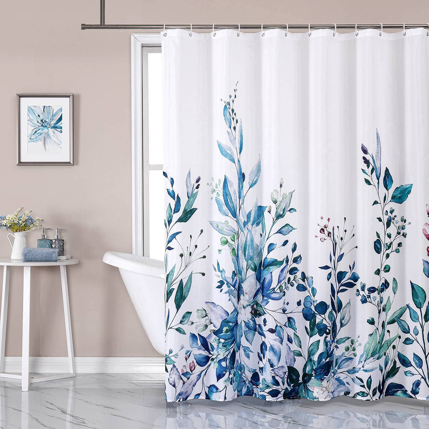 Blue & Black Patterned Design Bathroom Shower Curtain Polyester Hooks 