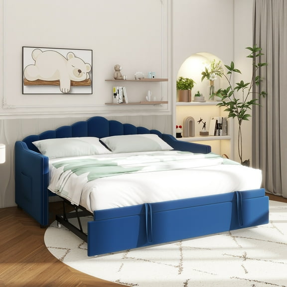 Upholstered Twin Size Daybed with Adjustable Height Pop Up Trundle Twin Bed and USB & Type-C Charging Port, Day Bed Frame with 2 Side Pockets, No Box-Spring Needed, Blue