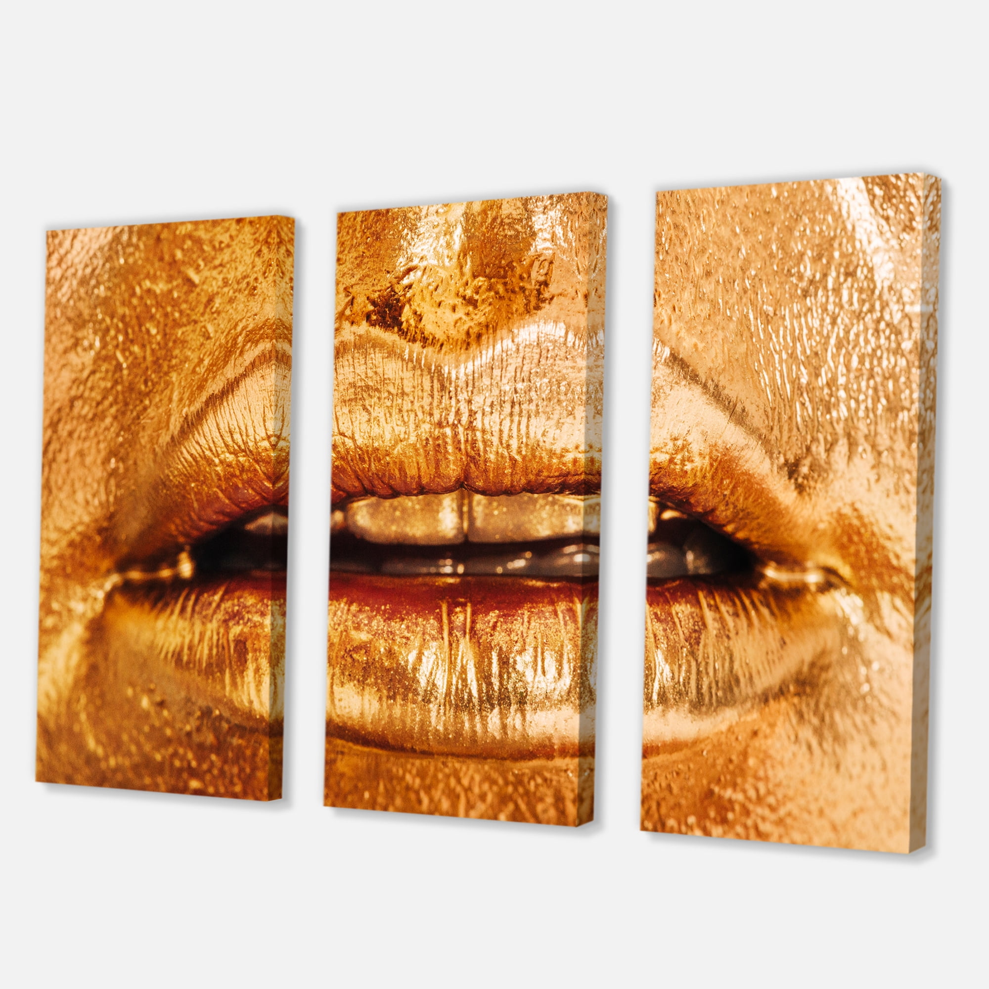 Designart ' Close Up Of Female Lips With Bright Golden Makeup ' Modern Canvas Wall Art Print