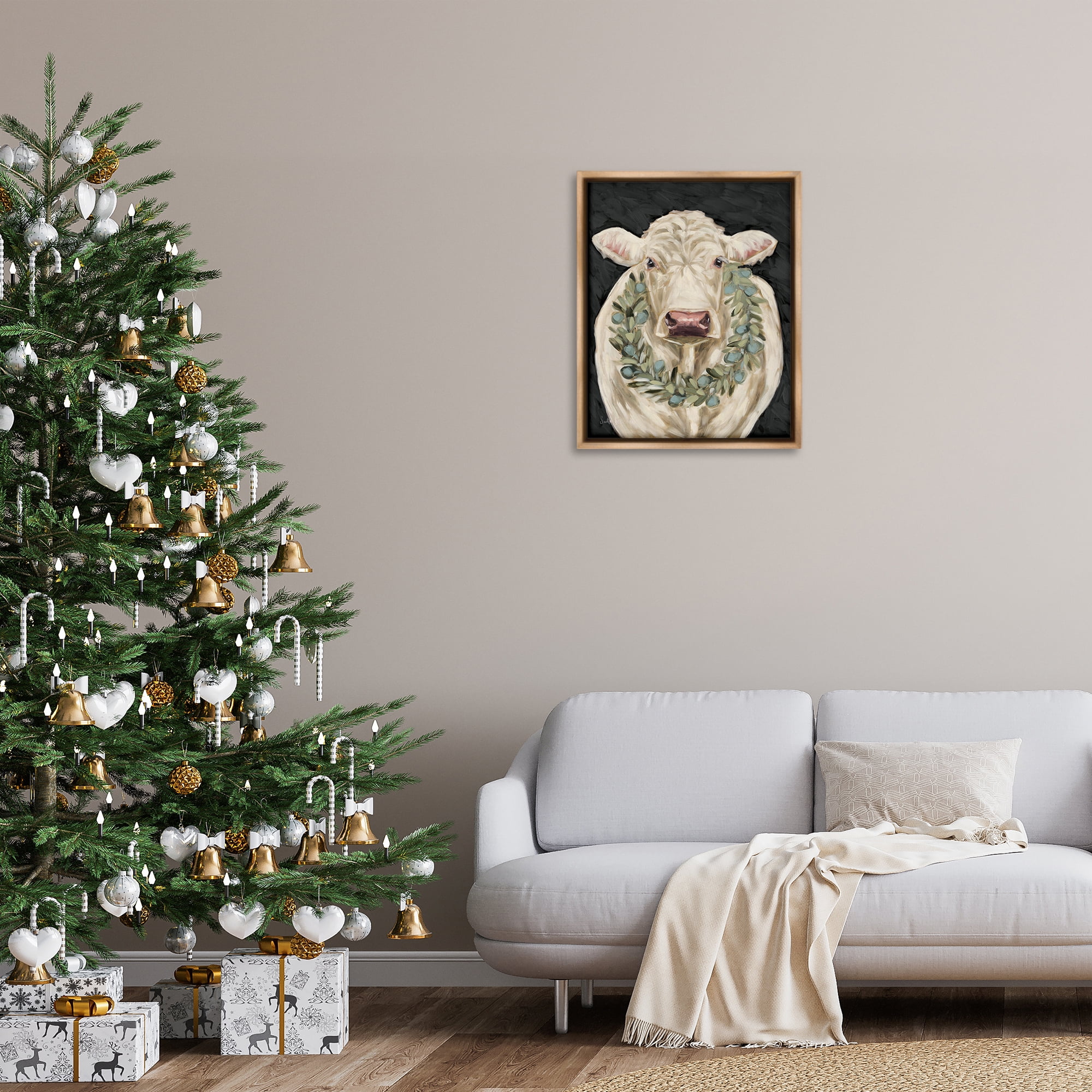 Stupell Industries Cow with Holiday Wreath Holiday Painting Brown Floater Framed Canvas Art Prints Wall Art, 25 x 31