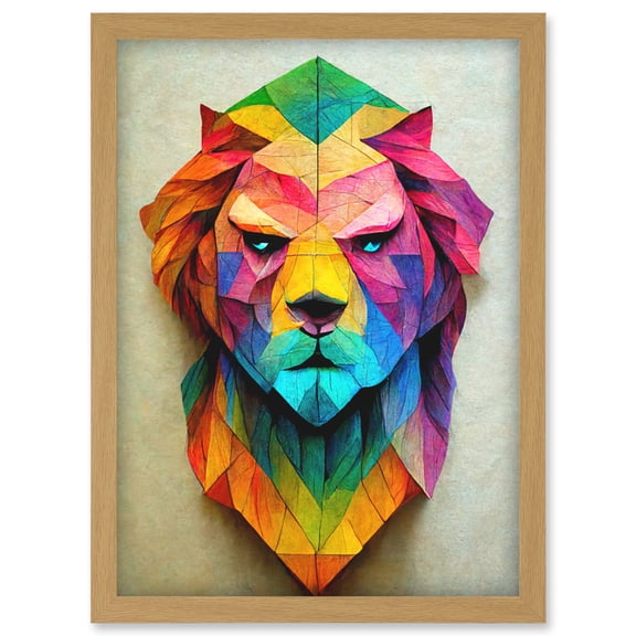 Vibrant Geometric Lion Head Decoupage Artwork Framed Wall Art Print A4