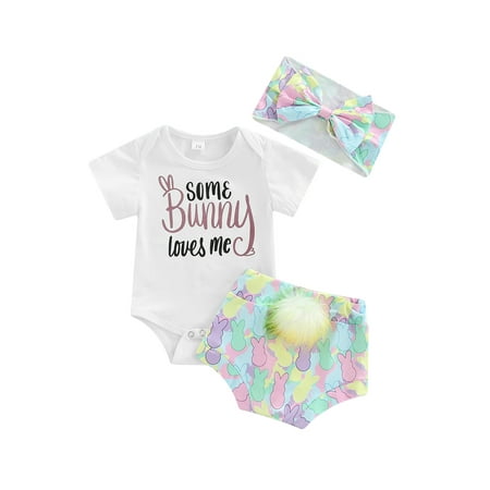 

Licupiee My First Easter Day Baby Girl Outfit Bunny Romper Rabbit Tail Jumpsuit Shorts Headband Set 3Pcs Newborn Infants Clothes
