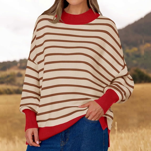 FAIWAD Women's Striped Sweaters Casual Long Sleeve Oversized Knit Pullover Tops Casual Loose Knitwear