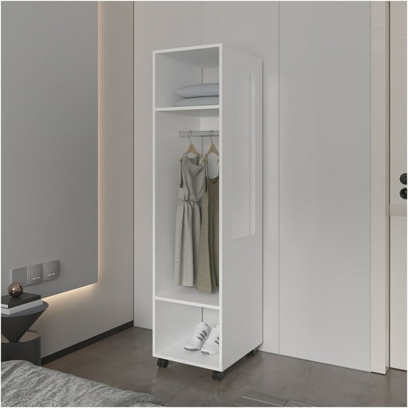 JERFIT Modern White Wardrobe with Full-Length Mirror, Rolling Mobile Closet Storage Organizer for Bedroom