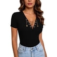 thumbnail image 2 of hotojiny Going out Tops for Women V Neck Lace up Trendy Outfit Slim Fit Fashion Short Sleeve Summer Clothes S-2XL, 2 of 7