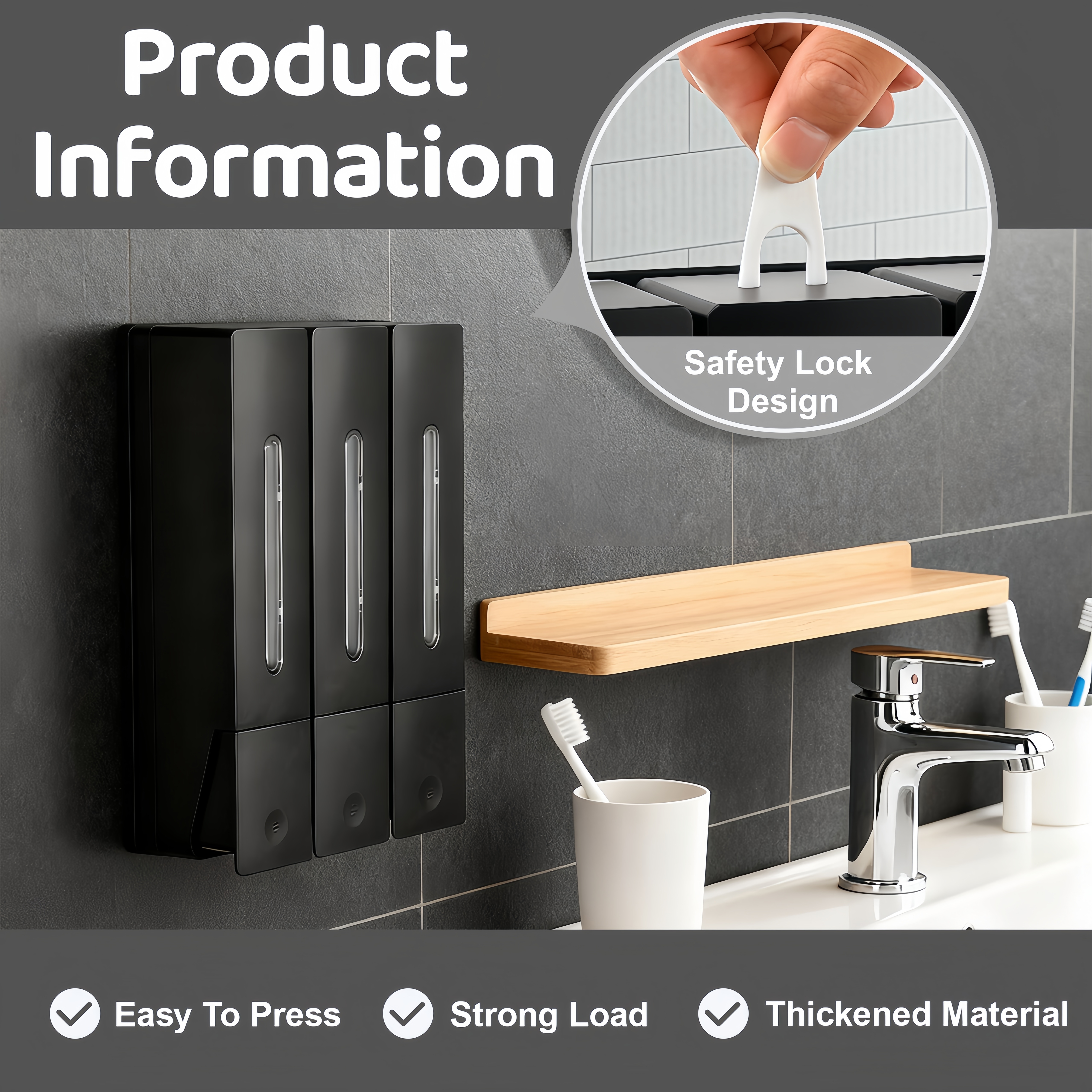 Shampoo and Conditioner Dispenser - Wall-Mounted 3-Chamber Shower Soap Dispenser, No-Drill, 1200ML Capacity, for Bathroom & Hotel