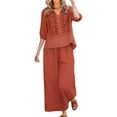 thumbnail image 2 of Womens New Linen Embroidered 2 Piece Outfits, Loose Top Wide Leg Pants With Pockets Summer Casual Daily Wear Lightweight Soft Set for Vacation, 2 of 5