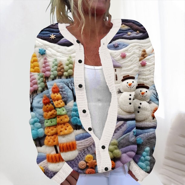 Cárdigan informal de punto con estampado navideño para mujer, chaqueta con botones y abrigo para mujer