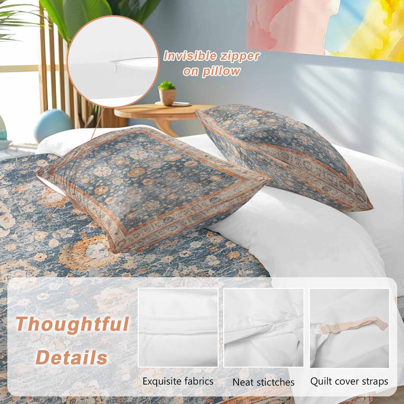 Blue Beige Vintage Bedding 3 Piece Duvet Cover Set California King, Modern Geometric Abstract Art Ethnic Soft Microfiber Comforter Cover with Zipper Closure & Pillowcases, FadeResistant Quilt Cover