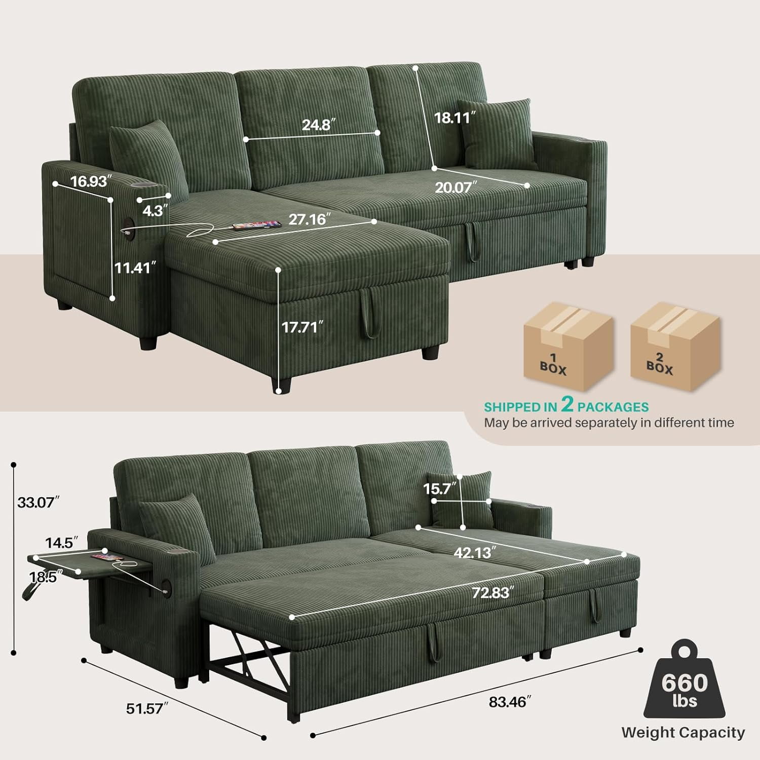 LLappuil Sectional Sofa, 84" Sectional Couch with Storage Chaise, Small Desktop, Cup Holders, Charging Port Convertible Sofa Bed, Corduroy Pull Out Sofa Bed for Living Room Green