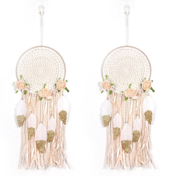 2X Plumas de Flores Tejidas Atrapasueños Boho Macramé Colgante Atrapasueños DIY Campanas de Viento Arte de la Pared Decoración de la Boda