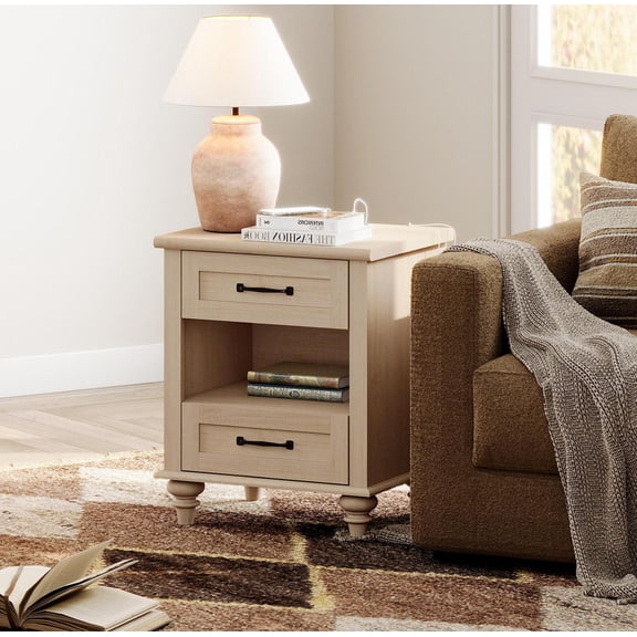 Beige End Table with Charging Station, 2-Drawer Wooden Nightstand for Bedroom, Open Shelf Side Table for Living Room