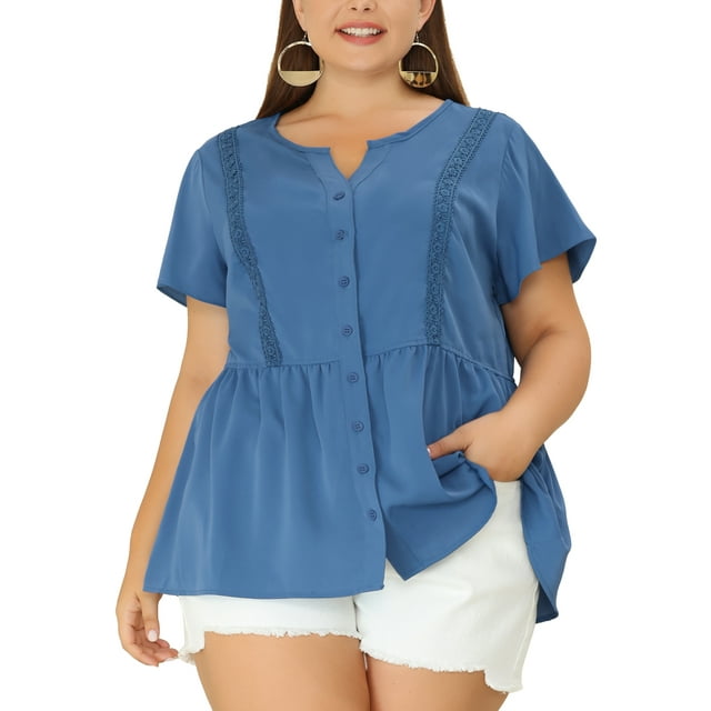 GRACE & GRANDEUR Women's Plus Size Work Short Sleeve Blouses Lace Button Down Peplum Summer Shirt 3X Dark Blue