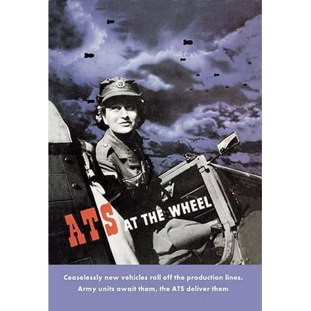 Heys 4 Wheel WWII poster with a depiction of a young woman in Auxiliary Territorial Service uniform at the wheel of an army vehicle She turns to look over her shoulder at the viewer Above her head in the night sky ()