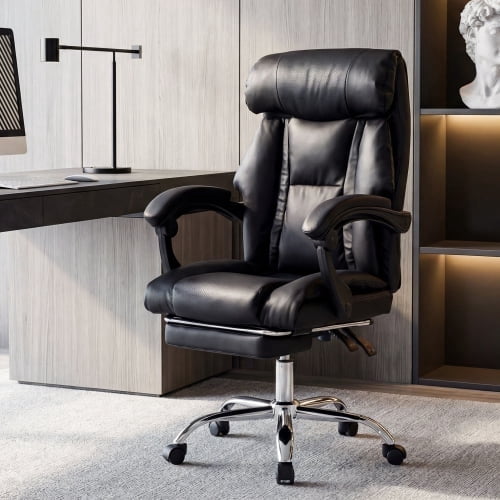 iooHug Ergonomic Executive Office Chair with Foot Rest and Lumbar Support, Adjustable Reclining Computer Gaming Desk Chair, PU Leather, Black