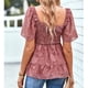 thumbnail image 4 of Camiseta de manga corta con estampado de flores para mujer, dobladillo con volantes, busto fruncido elástico, camiseta de verano, rosa, blanco, 4 of 6