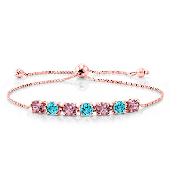 Gem Stone King 2.94 Ct Pink Lab Grown Diamond Swiss Blue Topaz 18K Rose Gold Plated Silver Bracelet for Women