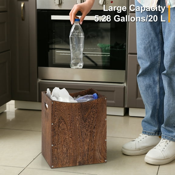 Wood Trash Can, Farmhouse 5.3 Gallon Rectangular Waste Basket with Built-in Handles, Small Garbage Bin for Kitchen, Bathroom, Office, Bedroom & Under Desk Storage, Rustic Home Decor