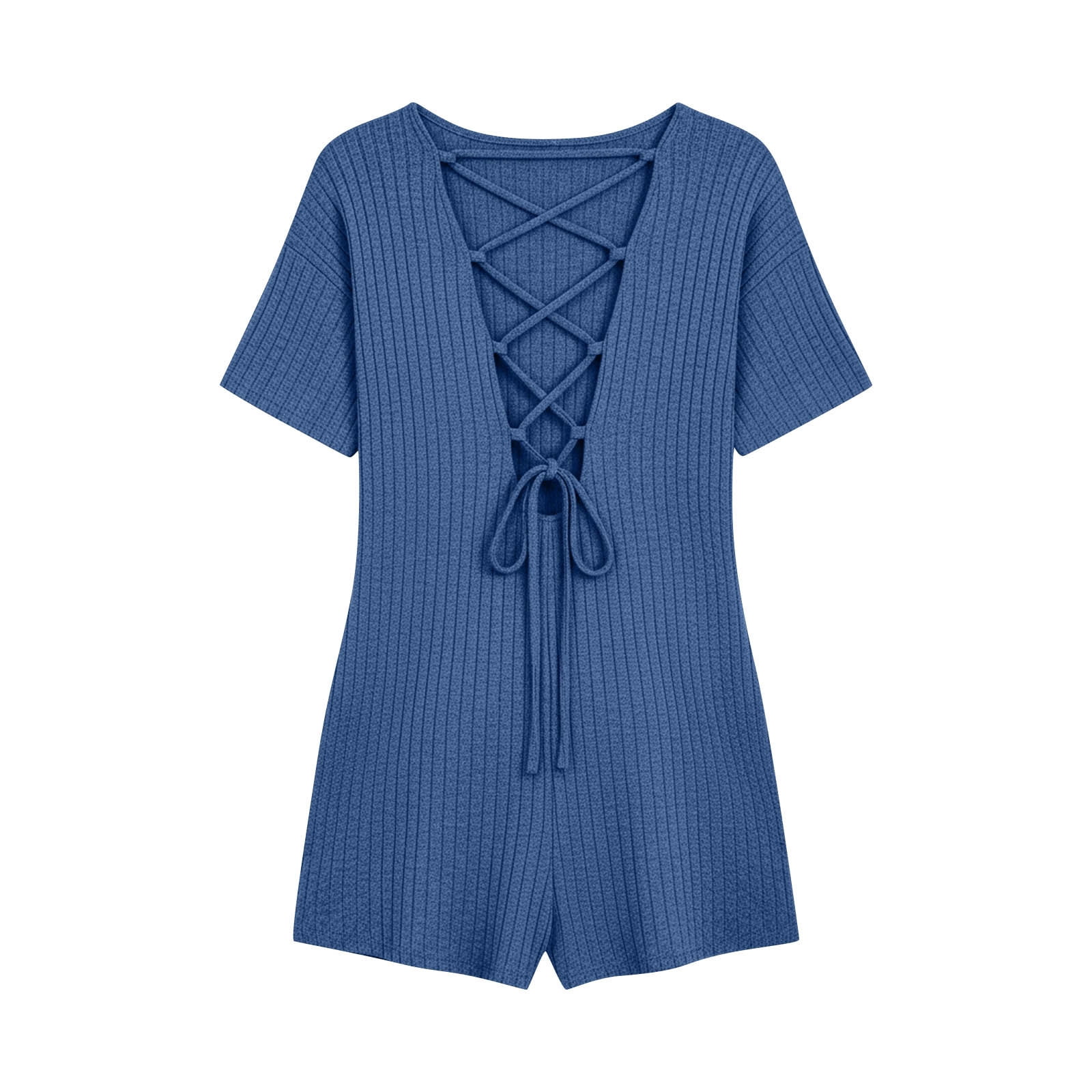 Dazajoo One Piece Jumpsuits for Women Shorts Ribbed Knit Round Neck Short Sleeve Rompers with Pockets,Blue,XL