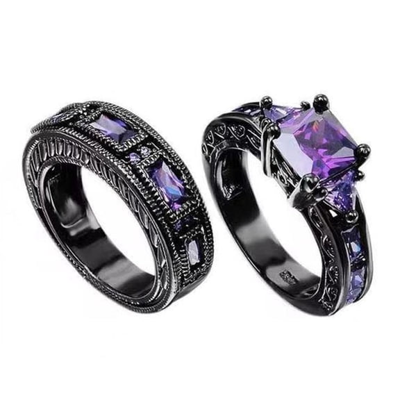 Womens Rings Set Heart Shaped Alloy Ring Electroplated Black Gold Finish with Purple Zircon Stone Fashion Jewelry Anniversary Gift Rings for Her Two Pieces
