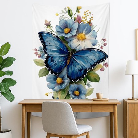 Blue Butterfly Floral Tapestry Artistic Botanical Wall Hanging for Home Decor Aesthetic Tapestries for Bedroom Living Room Dorm 40x60 Inch
