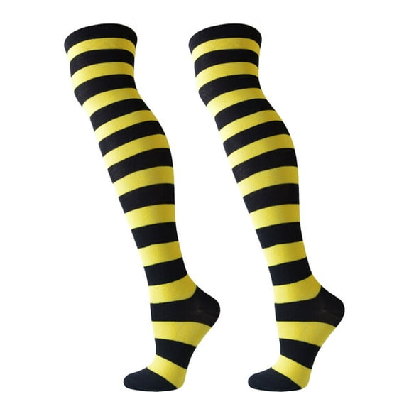 GOOHOCHY Pair of Women's Yellow and Black Wide Striped Thigh High Over the Knee Stocking Socks (Yellow & Black)