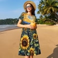 thumbnail image 4 of Gukieu Starry Sky Moon Sunflower Print Women's Short Sleeve Dress, Elastic Waistband A-line with Pockets Summer Dress, Suitable for Daily Leisure, Work, Vacation, 4 of 6