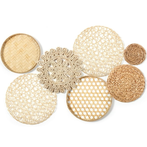 7pcs/Set Boho Wall Decor, Hand-woven Hanging Baskets, Woven Wall Decor, Rustic Rattan Wall Decor Suitable for Living Room, Bedroom, Office for Housewarming Gifts, Home Aesthetic