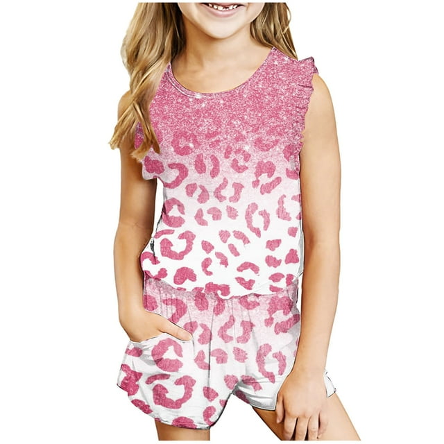 LSLJS Mode Girls' Casual Sans Manches Tops Col Rond Imprimé Pantalon Court Sets Bébé Girls Outfit Sets