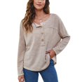 thumbnail image 1 of Blusa de mujer de manga larga con botones y hombros caídos, cuello redondo, blusa de moda informal, color albaricoque XXL, 1 of 7