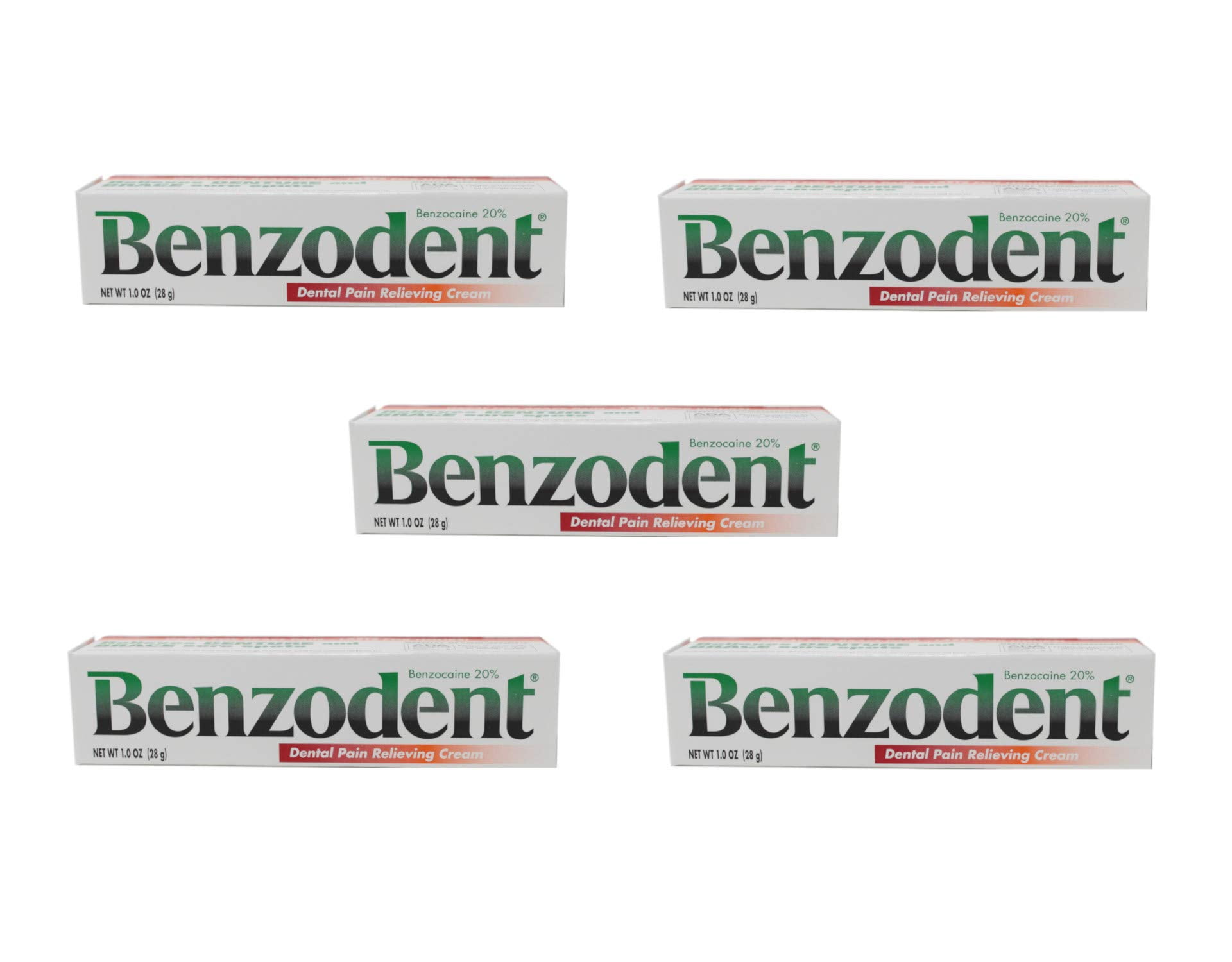Benzodent Dental Pain Relieving Cream, Denture Tooth and Gum Pain, 1 oz (Pack of 5)