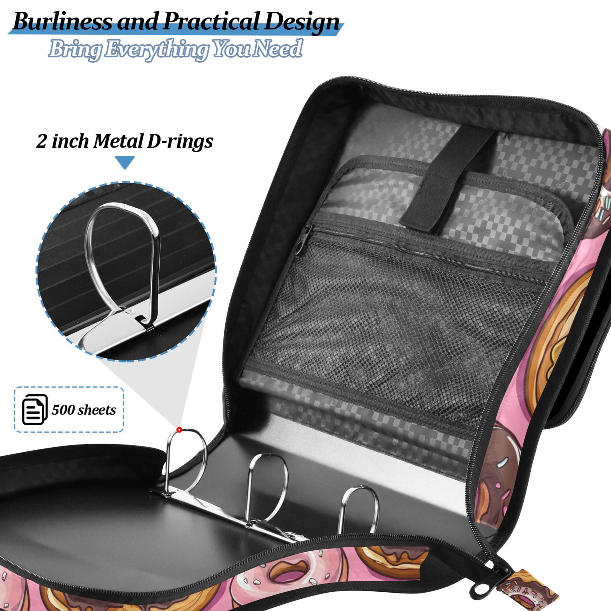 FORMRS Zipper Binder with Shoulder Strap 2-inch Ring 500 Sheet Capacity File Bag, Cute Doughnuts Pattern