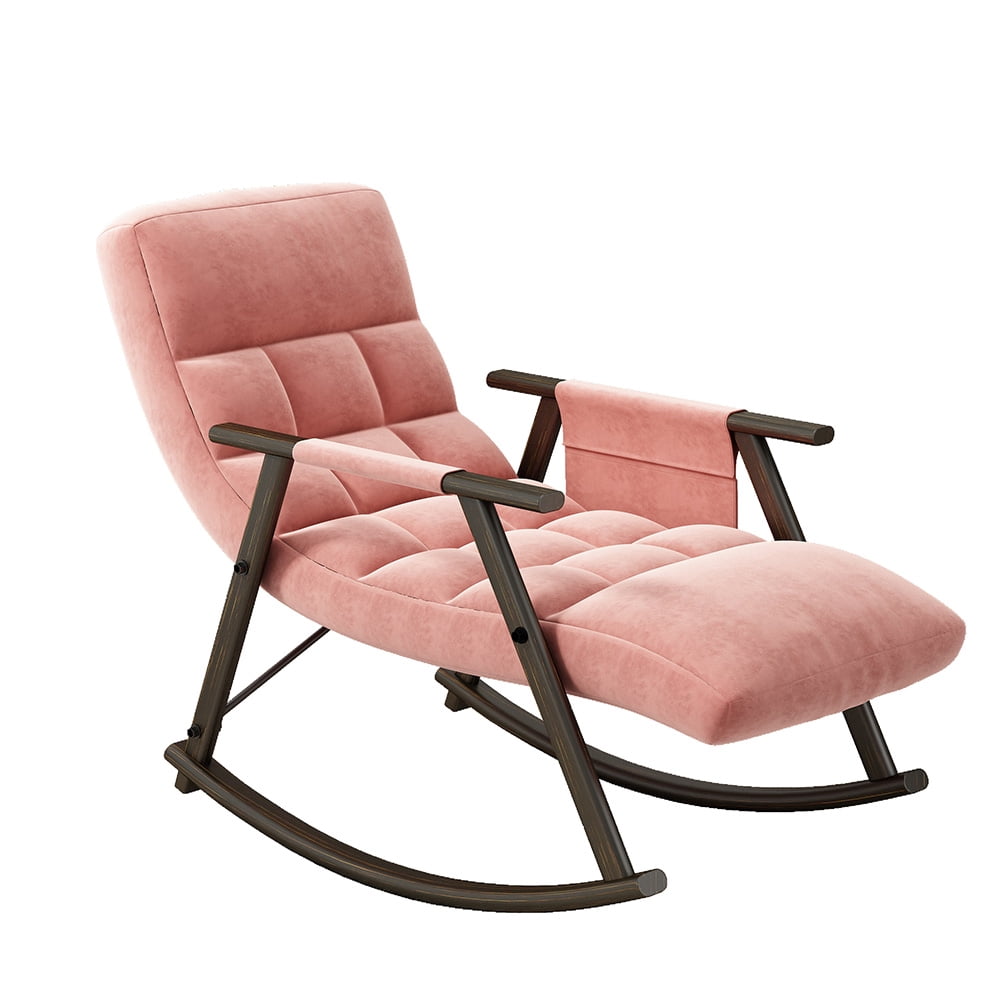 Accent Folding Rocking Recliner Chair with Side Pocket, Upholstered Nursery Glider Chair with 5 Adjustable High Back for Living Room Bedroom Balcony, Pink