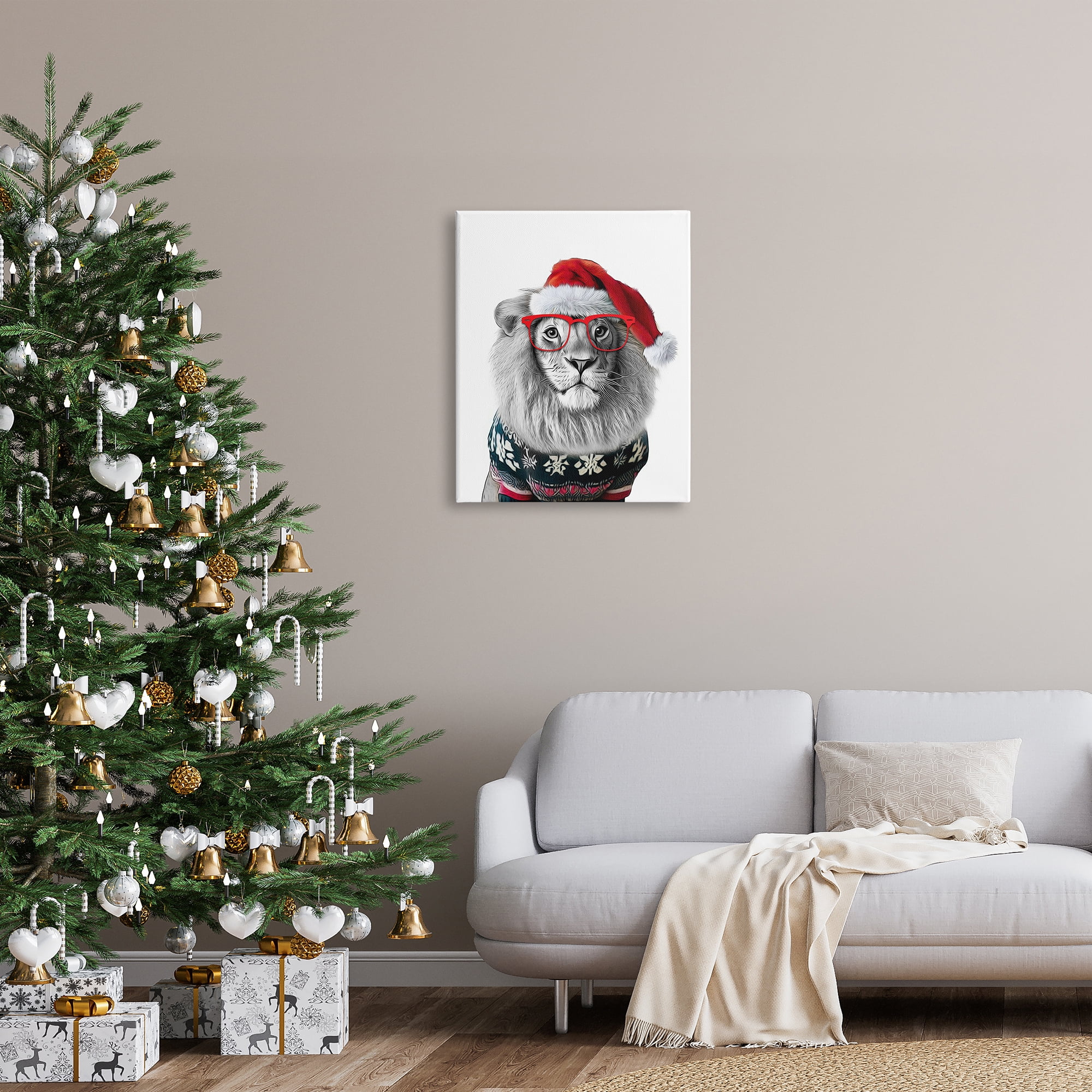 Stupell Industries Lion in Christmas Sweater Holiday Painting Gallery Wrapped Canvas Art Print Wall Art, 24 x 30