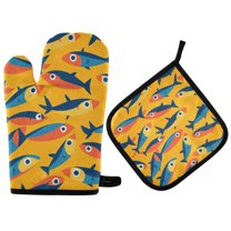 Yayeee Oven Mitts and Pot Holder Set of 4 Heat Resistant Kitchen Gloves Baking Hot Pad, Yellow Sardines Pattern